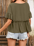 Frill Decorative Button Round Neck Half Sleeve Blouse - Trendsi - Flyclothing LLC