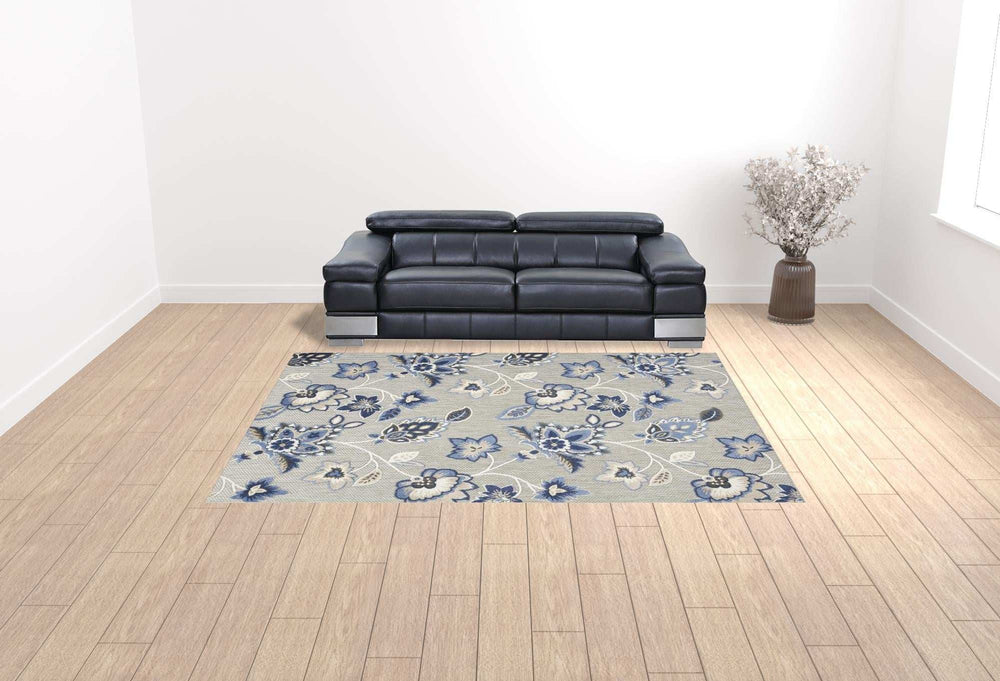 9' X 12' Blue And Grey Floral Stain Resistant Non Skid Area Rug - Homeroots - Flyclothing LLC