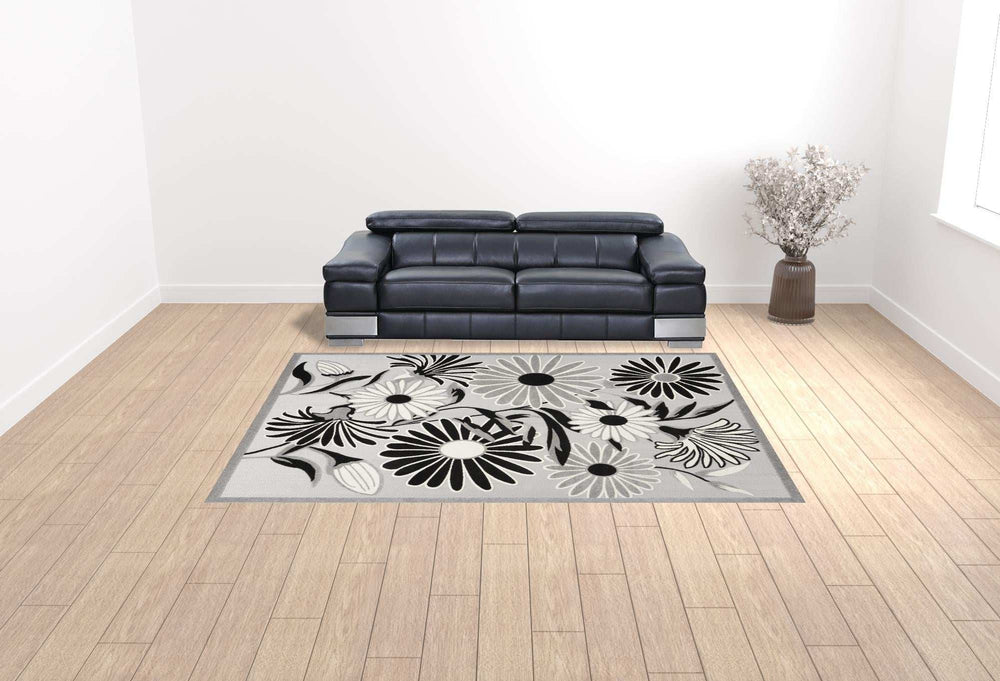 9' X 12' Black And White Floral Stain Resistant Non Skid Area Rug - Homeroots - Flyclothing LLC