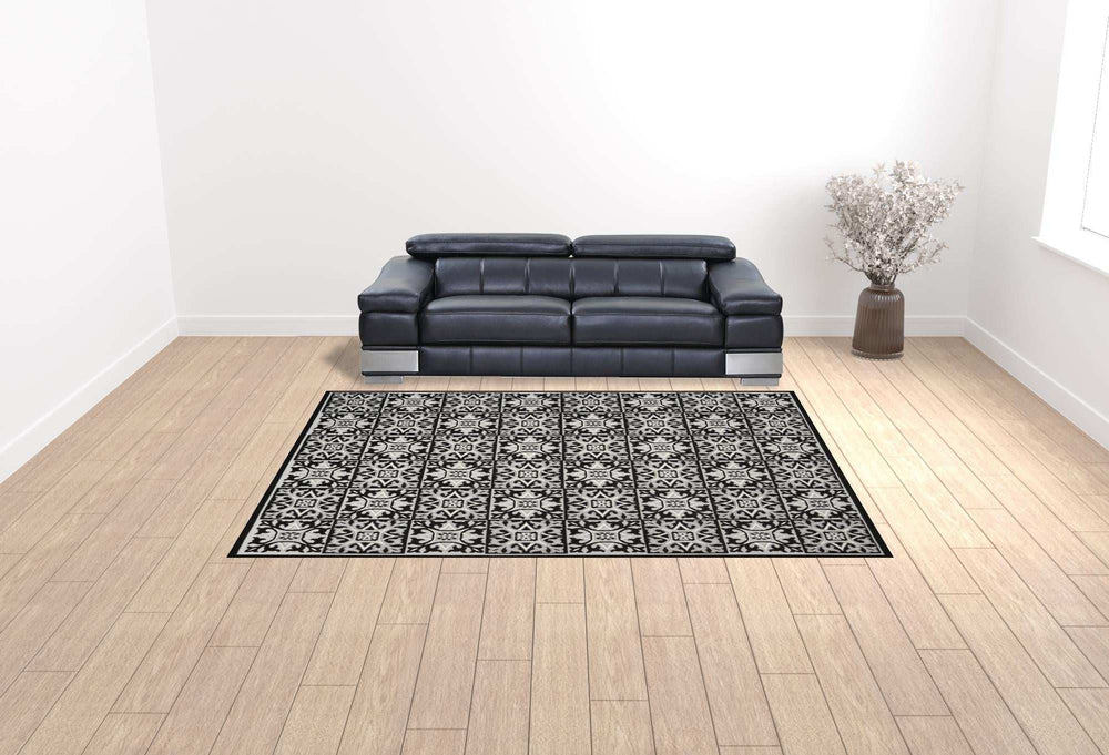 9' X 12' Black And White Fleur De Lis Stain Resistant Non Skid Area Rug - Homeroots - Flyclothing LLC
