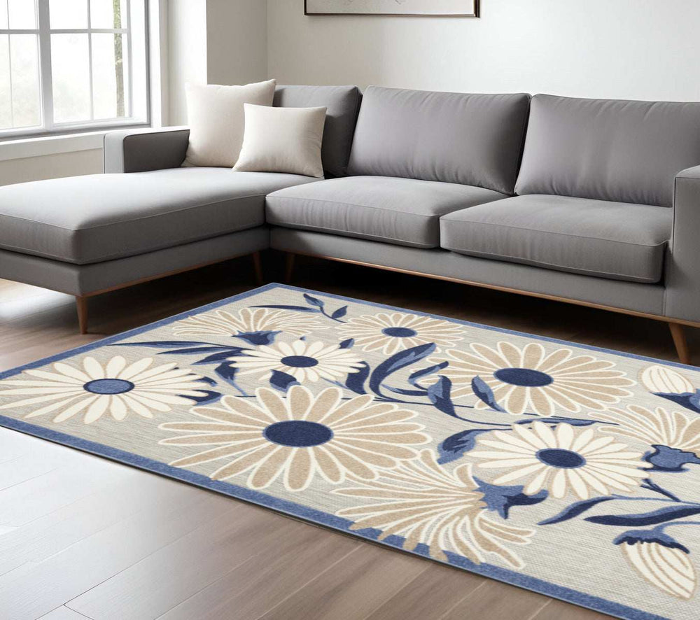 6' X 9' Blue And Grey Floral Stain Resistant Non Skid Area Rug - Homeroots - Flyclothing LLC