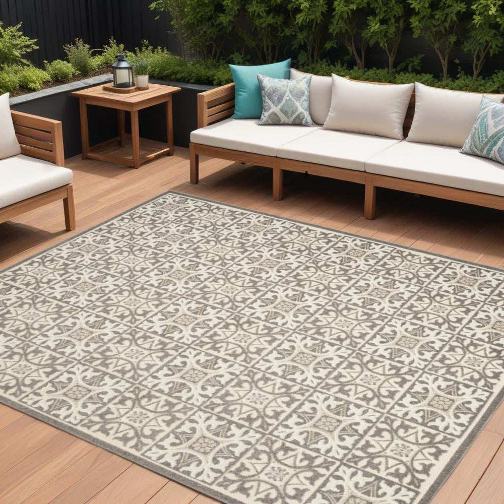 8' X 11' Ivory And Grey Fleur De Lis Stain Resistant Non Skid Area Rug - Homeroots - Flyclothing LLC