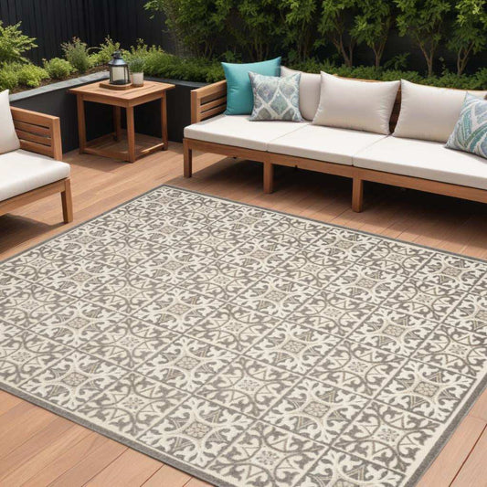8' X 11' Ivory And Grey Fleur De Lis Stain Resistant Non Skid Area Rug - Homeroots - Flyclothing LLC
