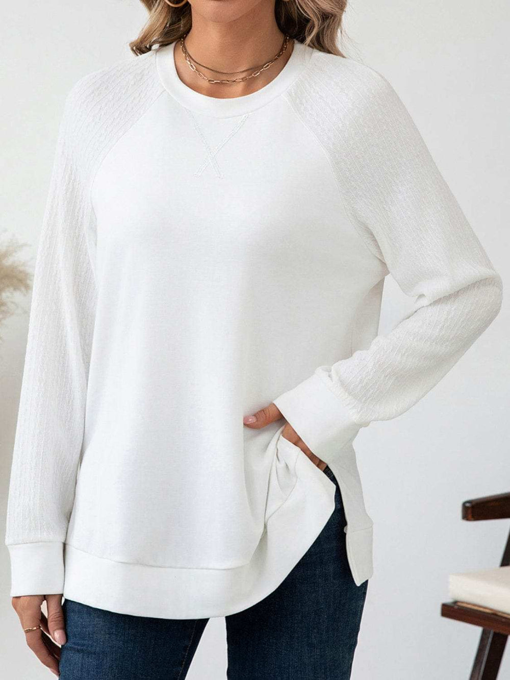 Round Neck Raglan Sleeve Top - Trendsi - Flyclothing LLC