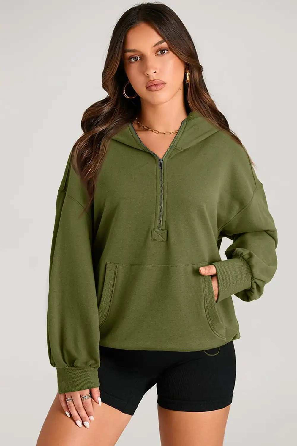 Pocketed Half Zip Long Sleeve Hoodie - Trendsi - Flyclothing LLC