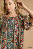 Umgee Boho Floral Stripe Puff Sleeve Blouse - Trendsi - Flyclothing LLC