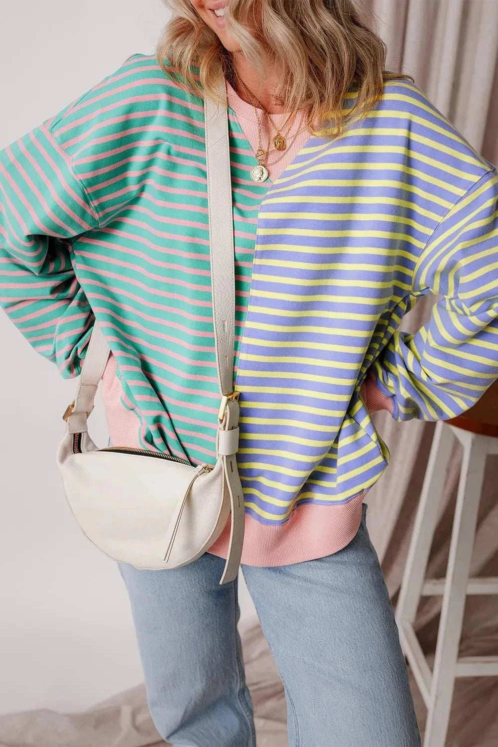 Contrast Stripes Round Neck Long Sleeve Sweatshirt - Trendsi - Flyclothing LLC