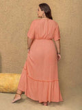 Plus Size Frill Embroidered V-Neck Half Sleeve Maxi Dress - Trendsi - Flyclothing LLC