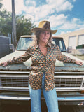 Vagabond Retro Green Tulip Zipper Front Blouse - Lil Bee's Bohemian - Flyclothing LLC
