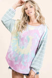 BiBi Tie Dye Terry Top with Wide Stripe Thermal Waffle - Trendsi - Flyclothing LLC