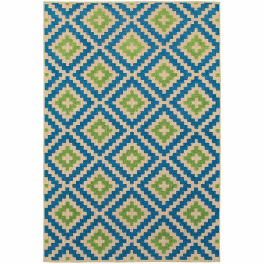 7' X 10' Blue and Beige Geometric Stain Resistant Indoor Outdoor Area Rug - Homeroots - Flyclothing LLC