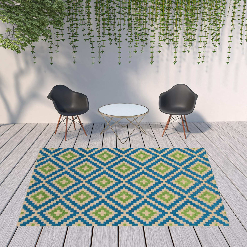 8' X 11' Blue and Beige Geometric Stain Resistant Indoor Outdoor Area Rug - Homeroots - Flyclothing LLC