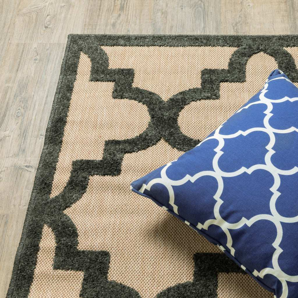 7' X 10' Beige and Black Geometric Stain Resistant Indoor Outdoor Area Rug - Homeroots - Flyclothing LLC