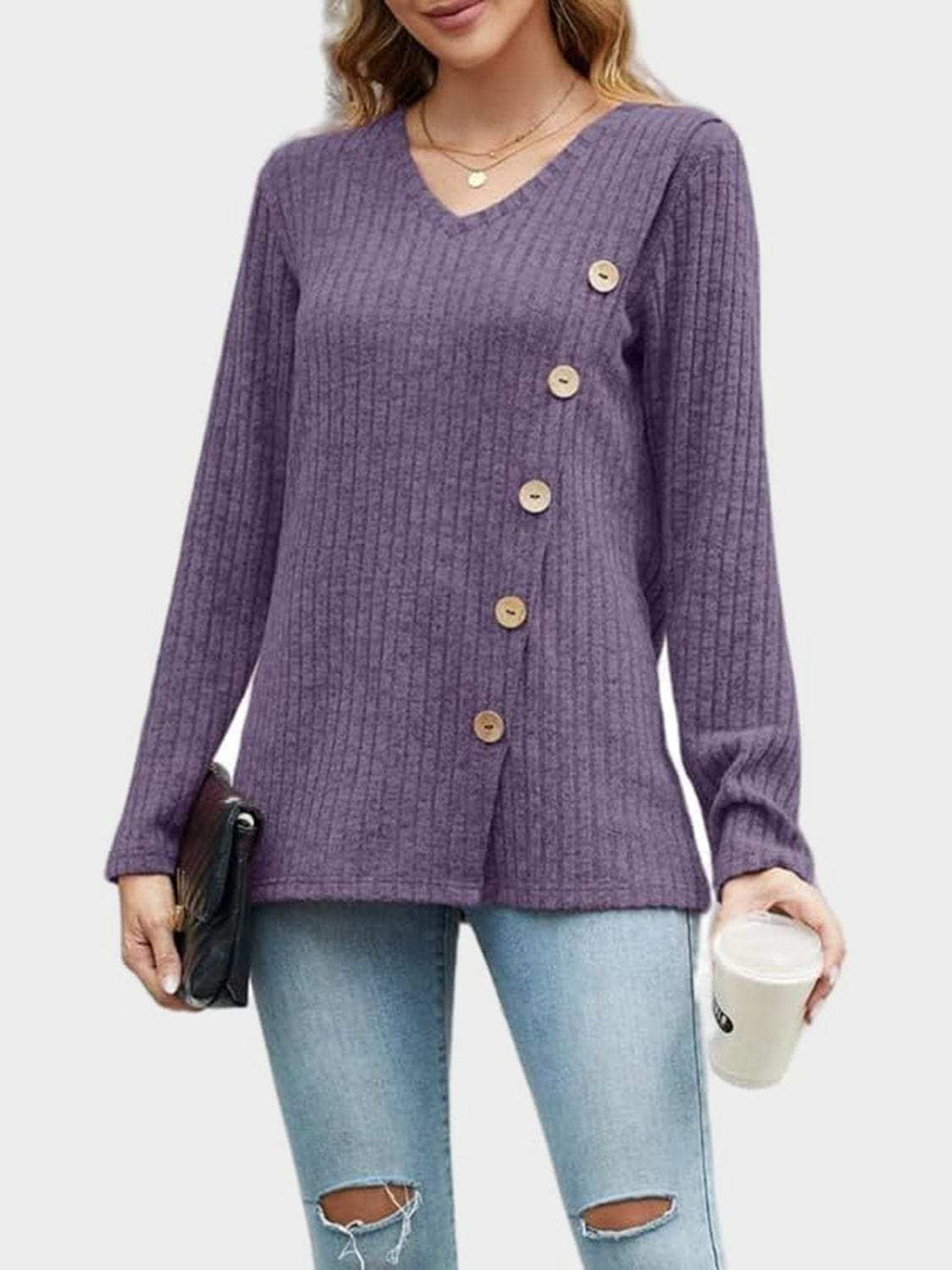 V-Neck Long Sleeve T-Shirt - Trendsi - Flyclothing LLC