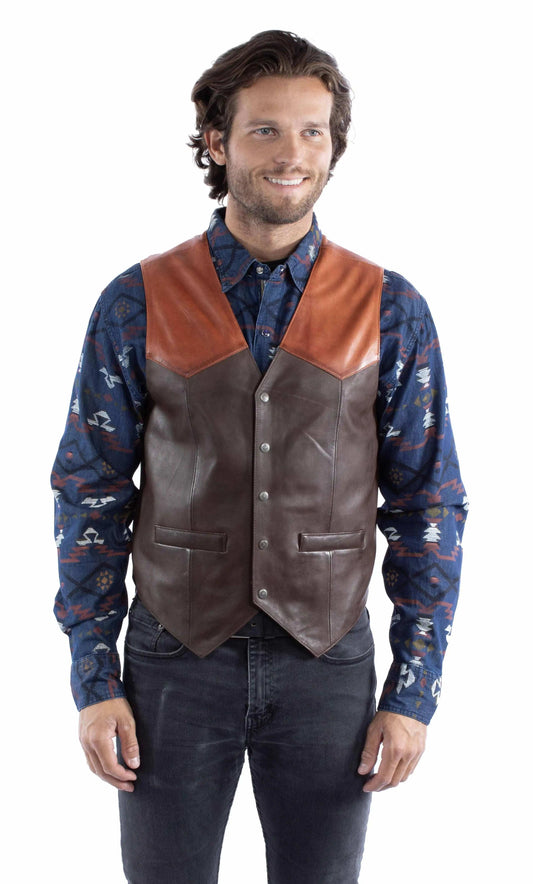 leatherwear mens chocolate w/cognac 100% leather snap front vest - Scully Leather - Flyclothing LLC