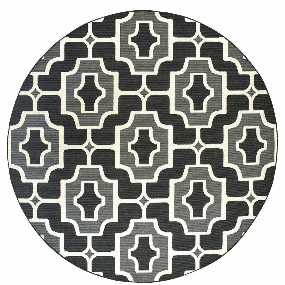 8' X 8' Black and Gray Round Geometric Stain Resistant Indoor Outdoor Area Rug - Homeroots - Flyclothing LLC