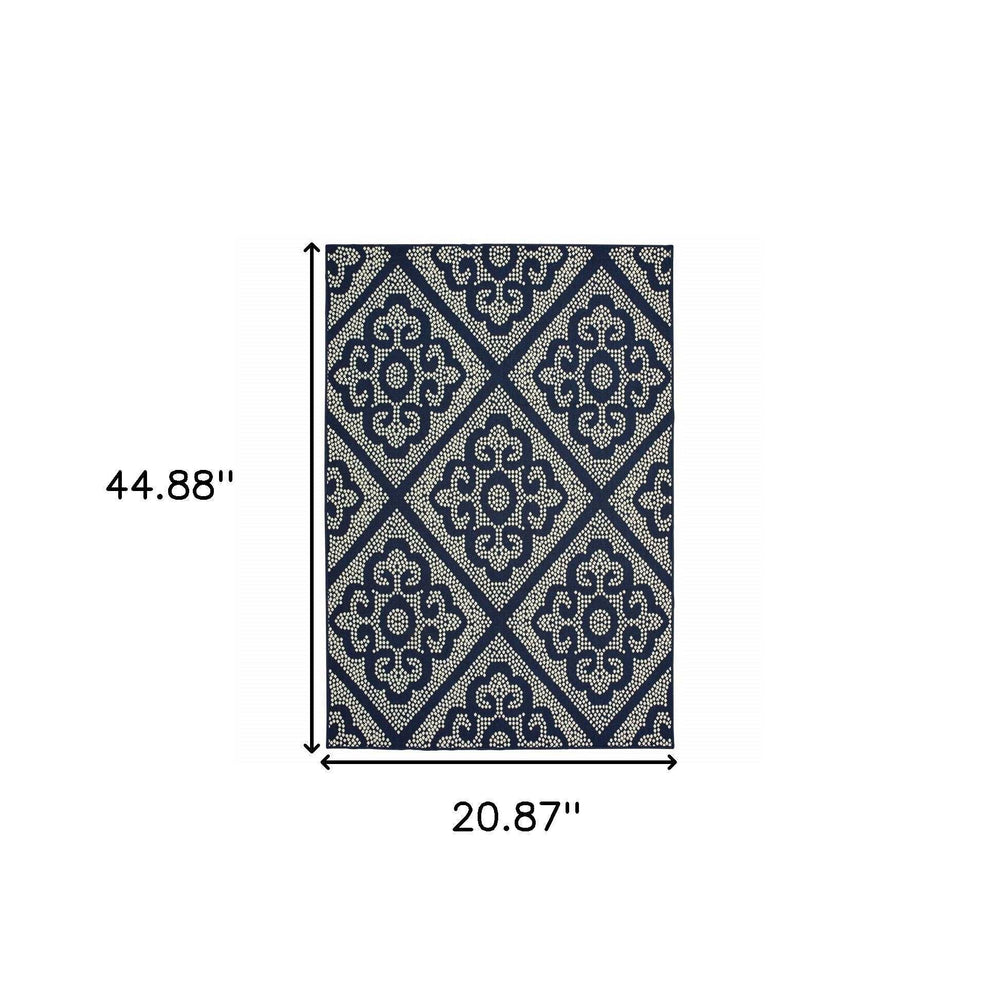 2' X 4' Blue and Ivory Geometric Stain Resistant Indoor Outdoor Area Rug - Homeroots - Flyclothing LLC