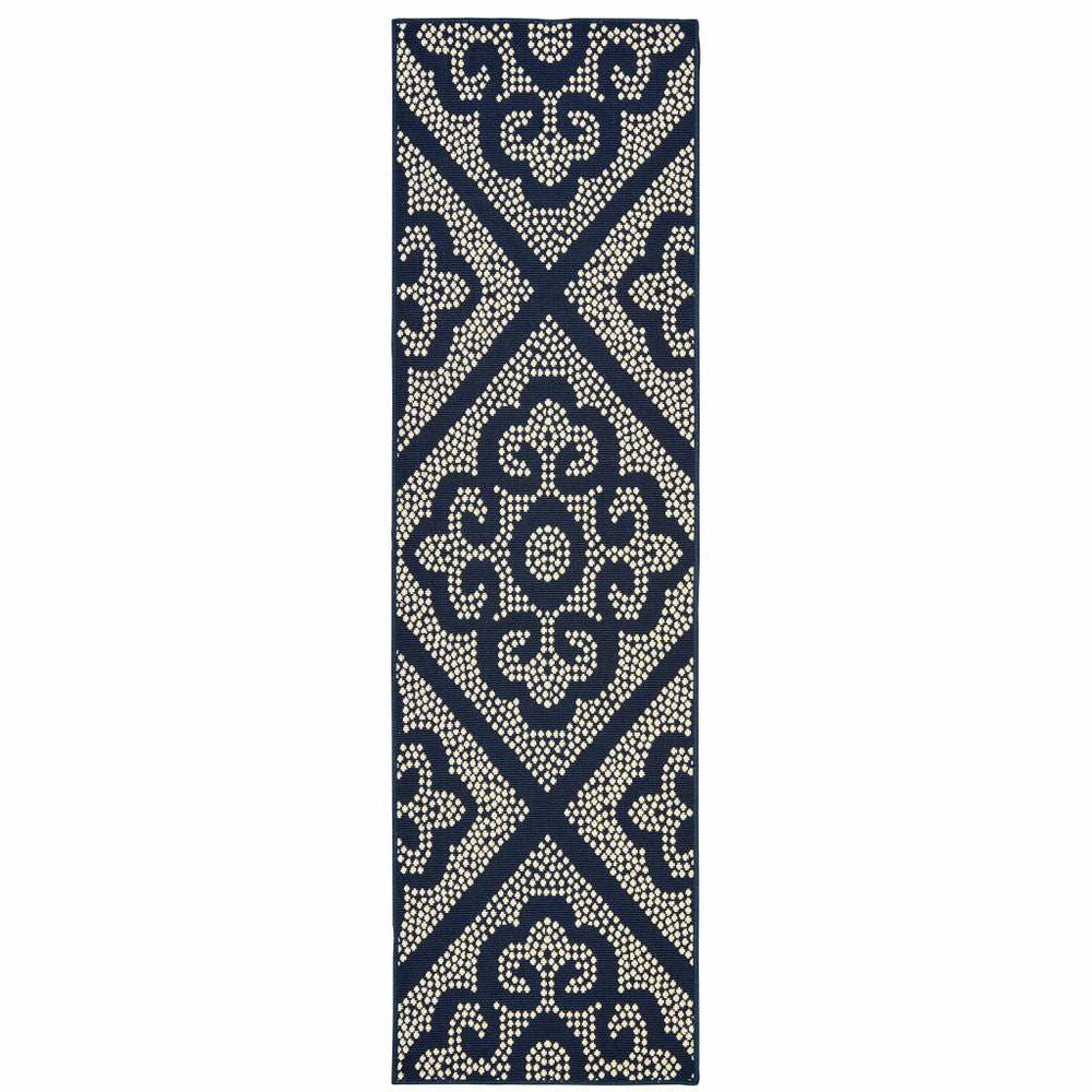 2' X 8' Blue and Ivory Geometric Stain Resistant Indoor Outdoor Area Rug - Homeroots - Flyclothing LLC