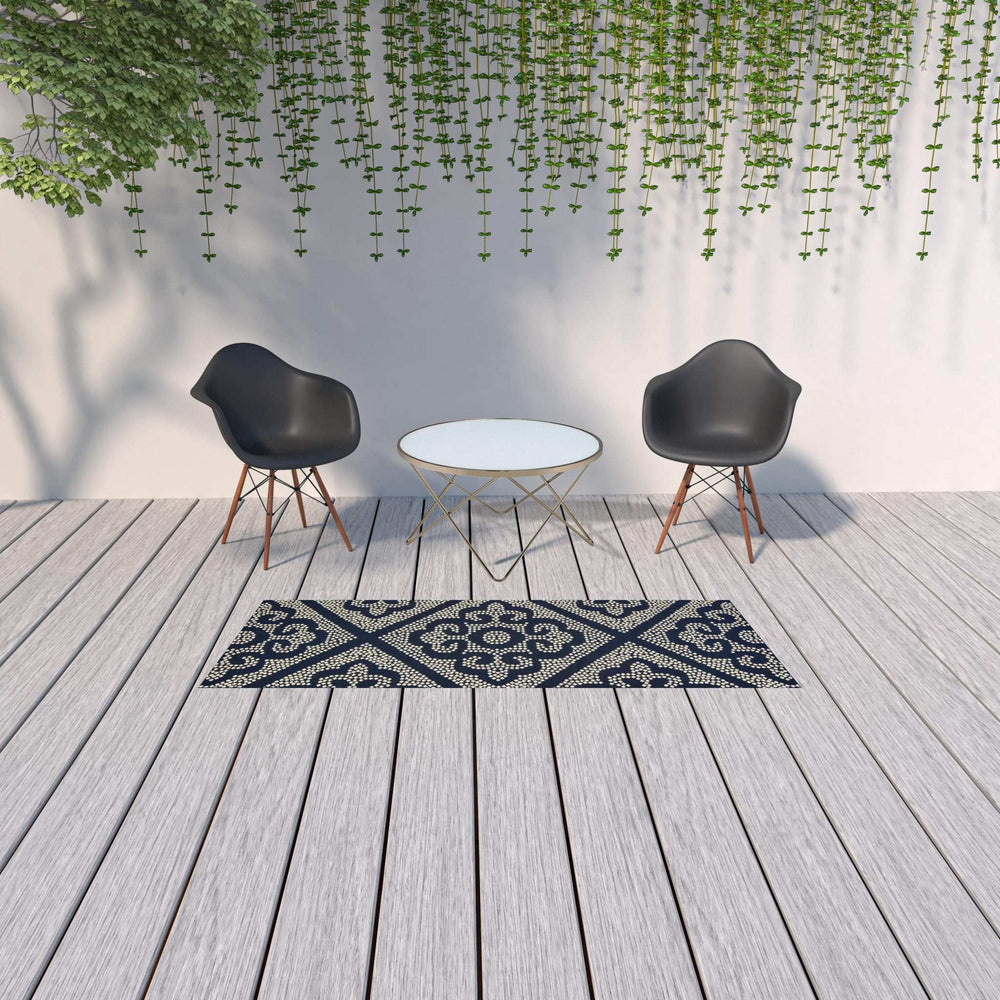 2' X 8' Blue and Ivory Geometric Stain Resistant Indoor Outdoor Area Rug - Homeroots - Flyclothing LLC
