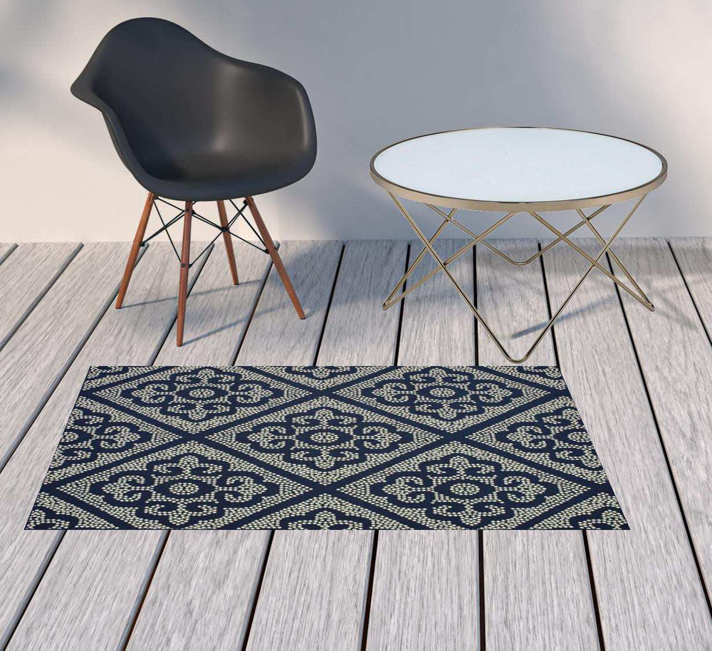 2' X 4' Blue and Ivory Geometric Stain Resistant Indoor Outdoor Area Rug - Homeroots - Flyclothing LLC