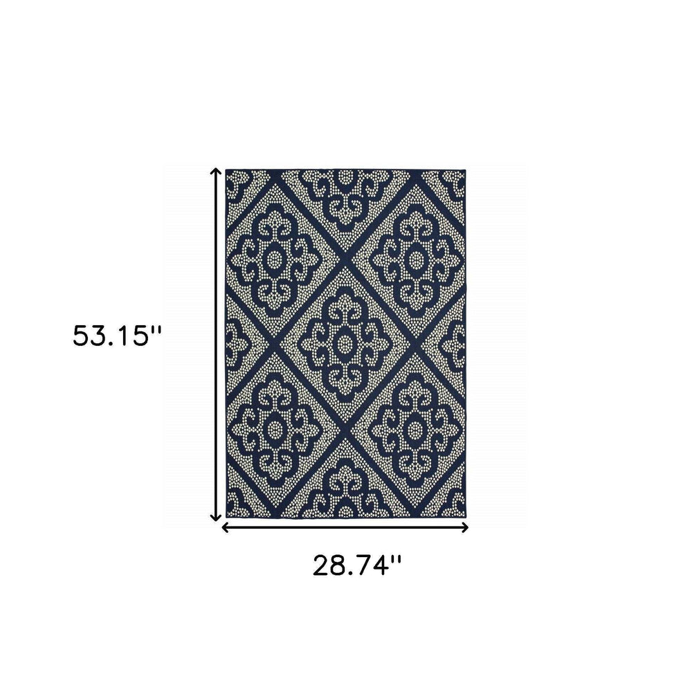 2' X 4' Blue and Ivory Geometric Stain Resistant Indoor Outdoor Area Rug - Homeroots - Flyclothing LLC