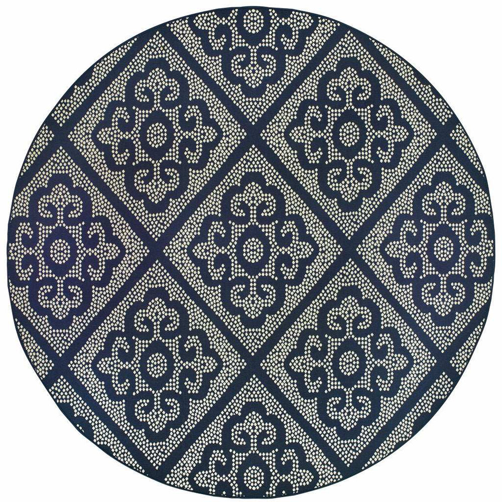 8' X 8' Blue and Ivory Round Geometric Stain Resistant Indoor Outdoor Area Rug - Homeroots - Flyclothing LLC