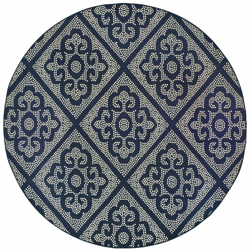 8' X 8' Blue and Ivory Round Geometric Stain Resistant Indoor Outdoor Area Rug - Homeroots - Flyclothing LLC
