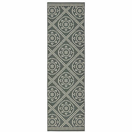 2' X 8' Gray and Ivory Geometric Stain Resistant Indoor Outdoor Area Rug - Homeroots - Flyclothing LLC