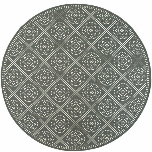 8' X 8' Gray and Ivory Round Geometric Stain Resistant Indoor Outdoor Area Rug - Homeroots - Flyclothing LLC