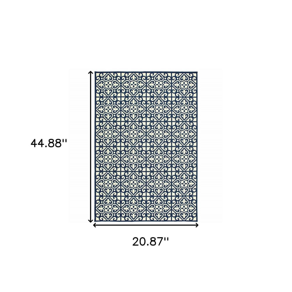2' X 4' Ivory and Blue Geometric Stain Resistant Indoor Outdoor Area Rug - Homeroots - Flyclothing LLC