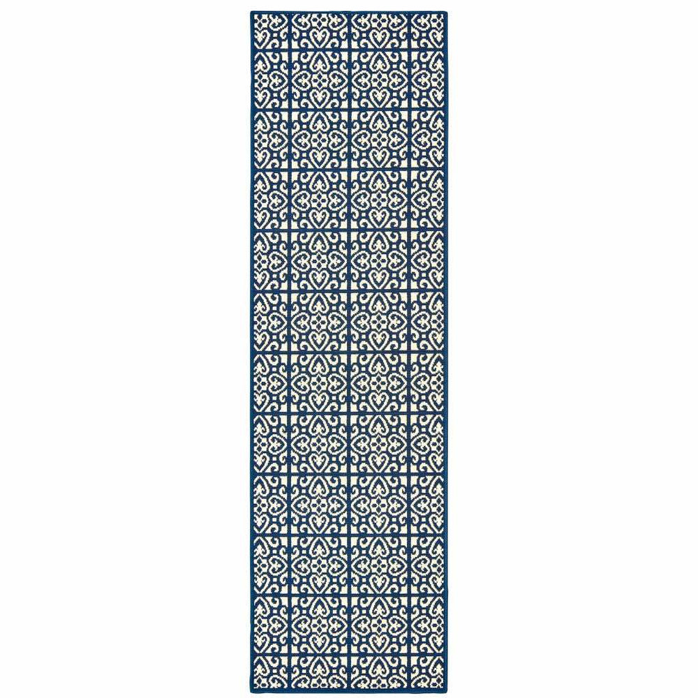 2' X 8' Ivory and Blue Geometric Stain Resistant Indoor Outdoor Area Rug - Homeroots - Flyclothing LLC