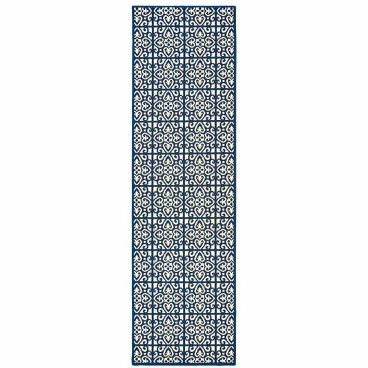 2' X 8' Ivory and Blue Geometric Stain Resistant Indoor Outdoor Area Rug - Homeroots - Flyclothing LLC