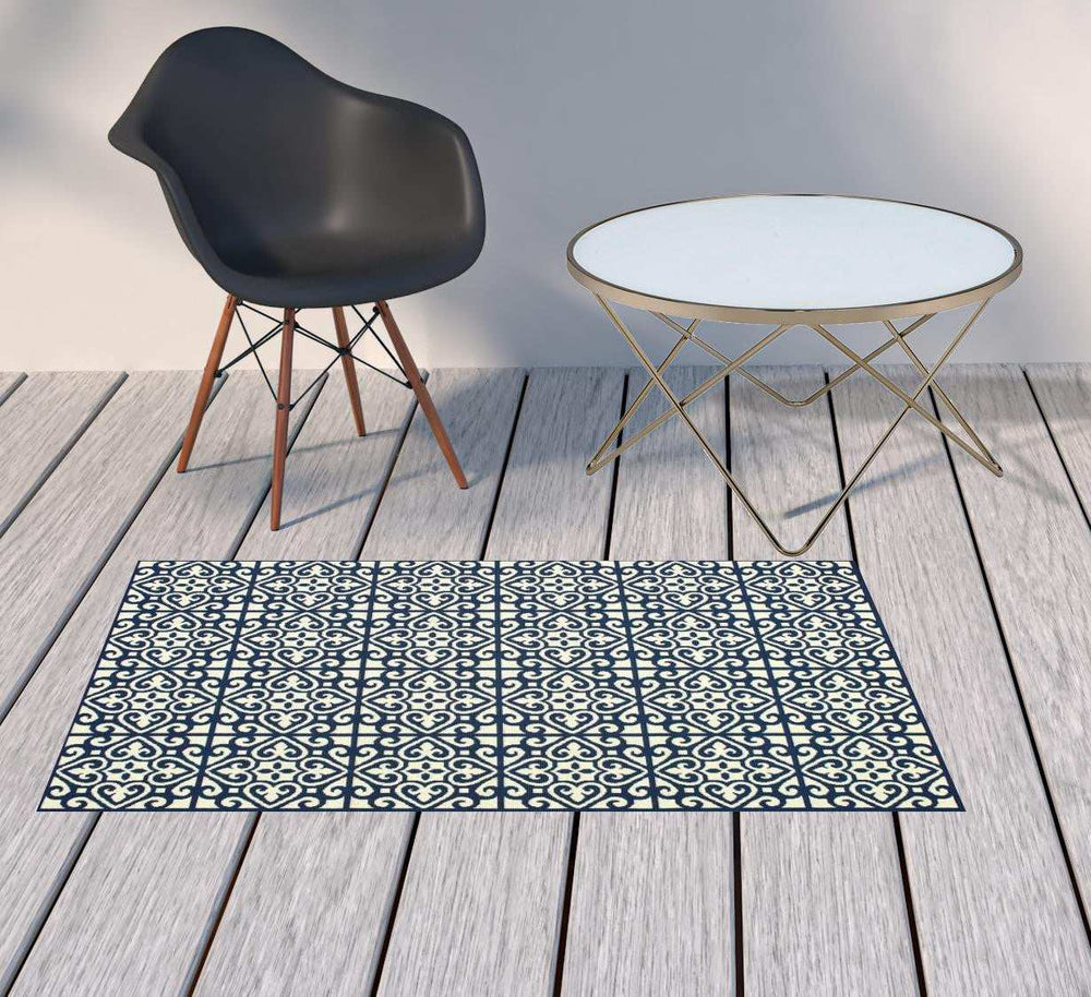 2' X 4' Ivory and Blue Geometric Stain Resistant Indoor Outdoor Area Rug - Homeroots - Flyclothing LLC