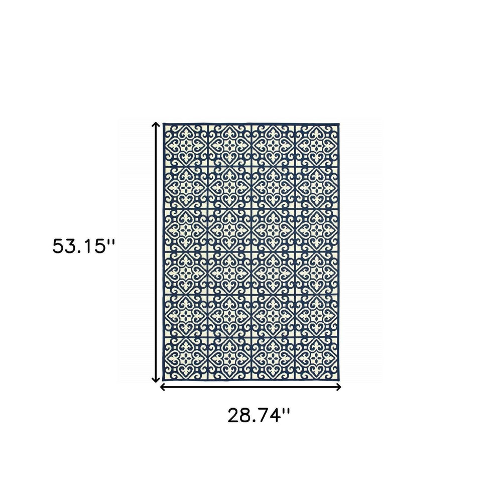 2' X 4' Ivory and Blue Geometric Stain Resistant Indoor Outdoor Area Rug - Homeroots - Flyclothing LLC