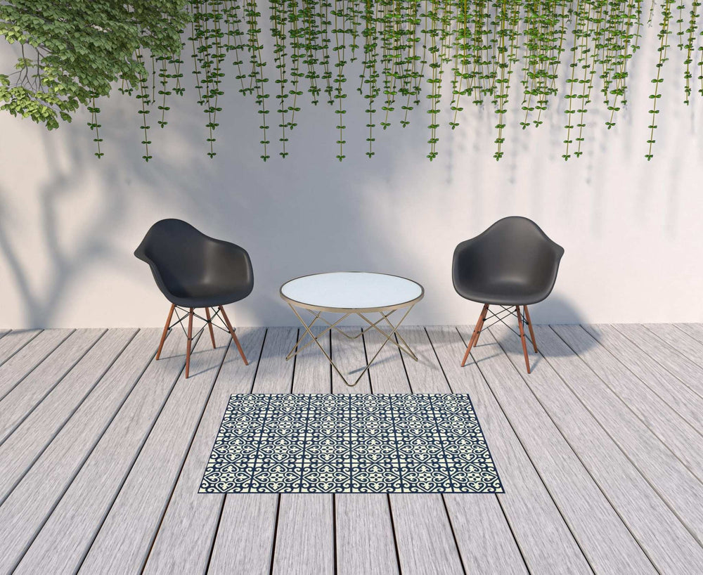 4' X 6' Ivory and Blue Geometric Stain Resistant Indoor Outdoor Area Rug - Homeroots - Flyclothing LLC