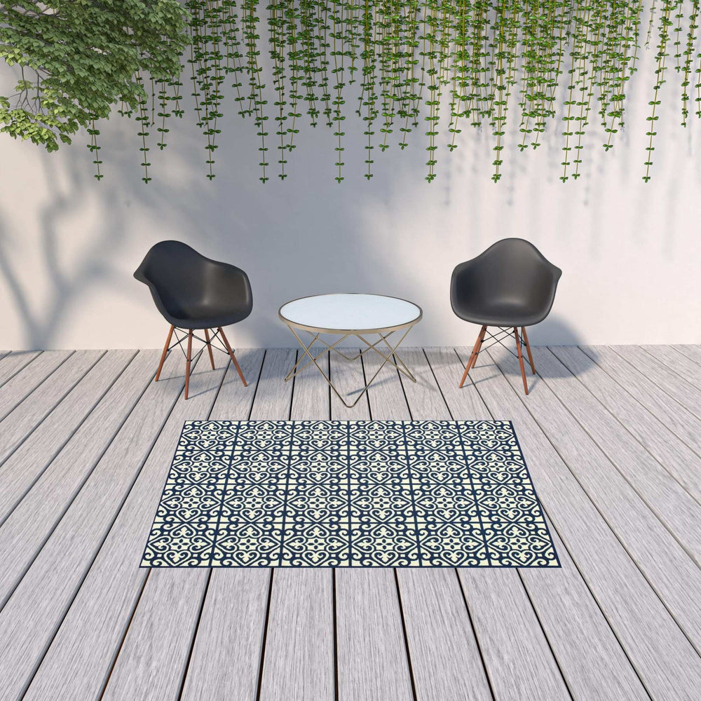5' X 8' Ivory and Blue Geometric Stain Resistant Indoor Outdoor Area Rug - Homeroots - Flyclothing LLC