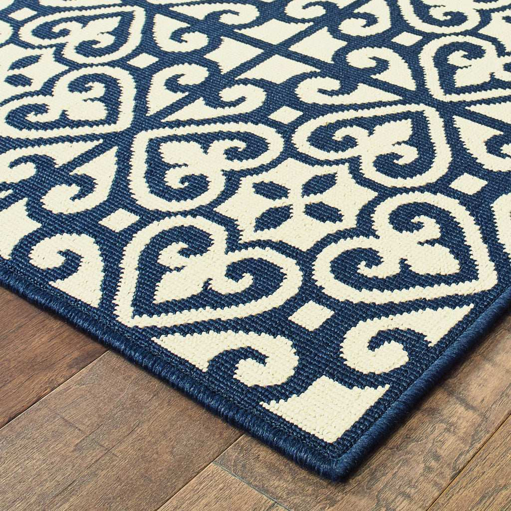 7' X 10' Ivory and Blue Geometric Stain Resistant Indoor Outdoor Area Rug - Homeroots - Flyclothing LLC
