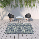 7' X 10' Ivory and Blue Geometric Stain Resistant Indoor Outdoor Area Rug - Homeroots - Flyclothing LLC