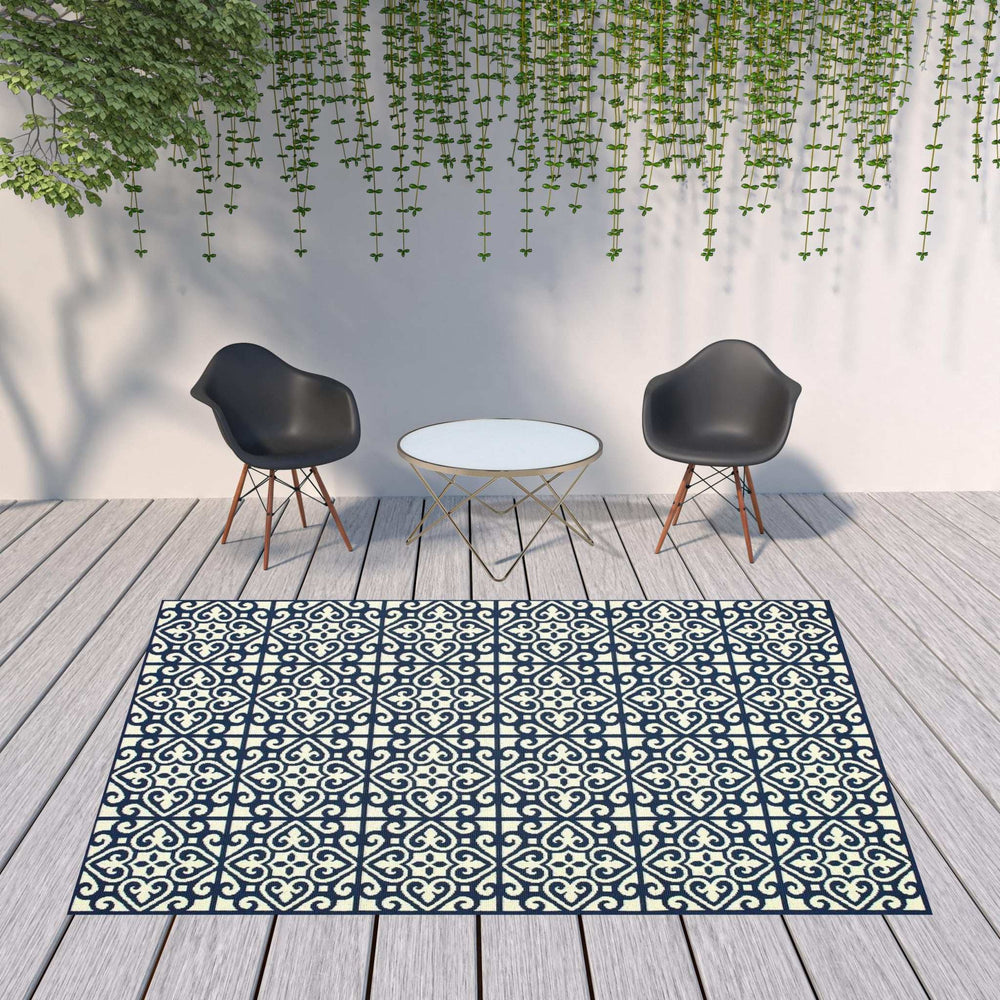 8' X 11' Ivory and Blue Geometric Stain Resistant Indoor Outdoor Area Rug - Homeroots - Flyclothing LLC