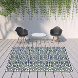8' X 11' Ivory and Blue Geometric Stain Resistant Indoor Outdoor Area Rug - Homeroots - Flyclothing LLC