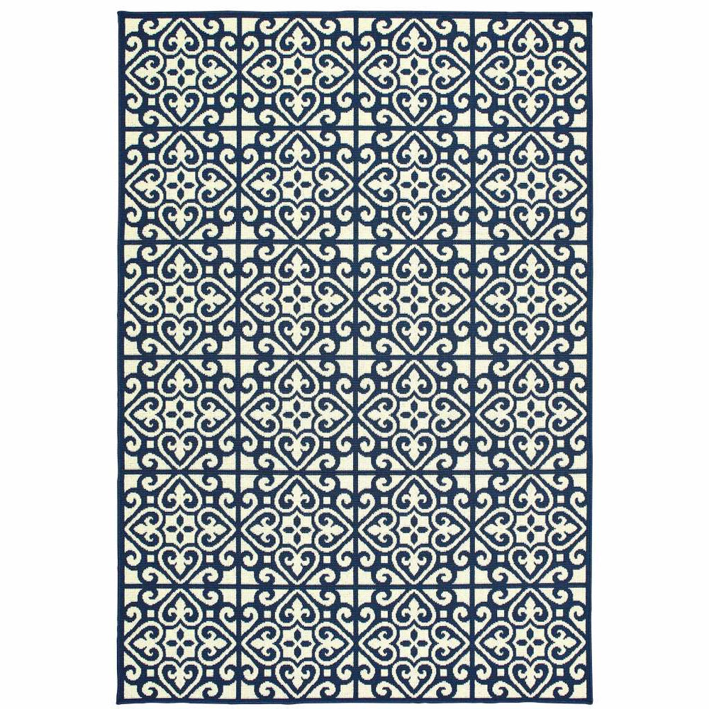 9' X 13' Ivory and Blue Geometric Stain Resistant Indoor Outdoor Area Rug - Homeroots - Flyclothing LLC