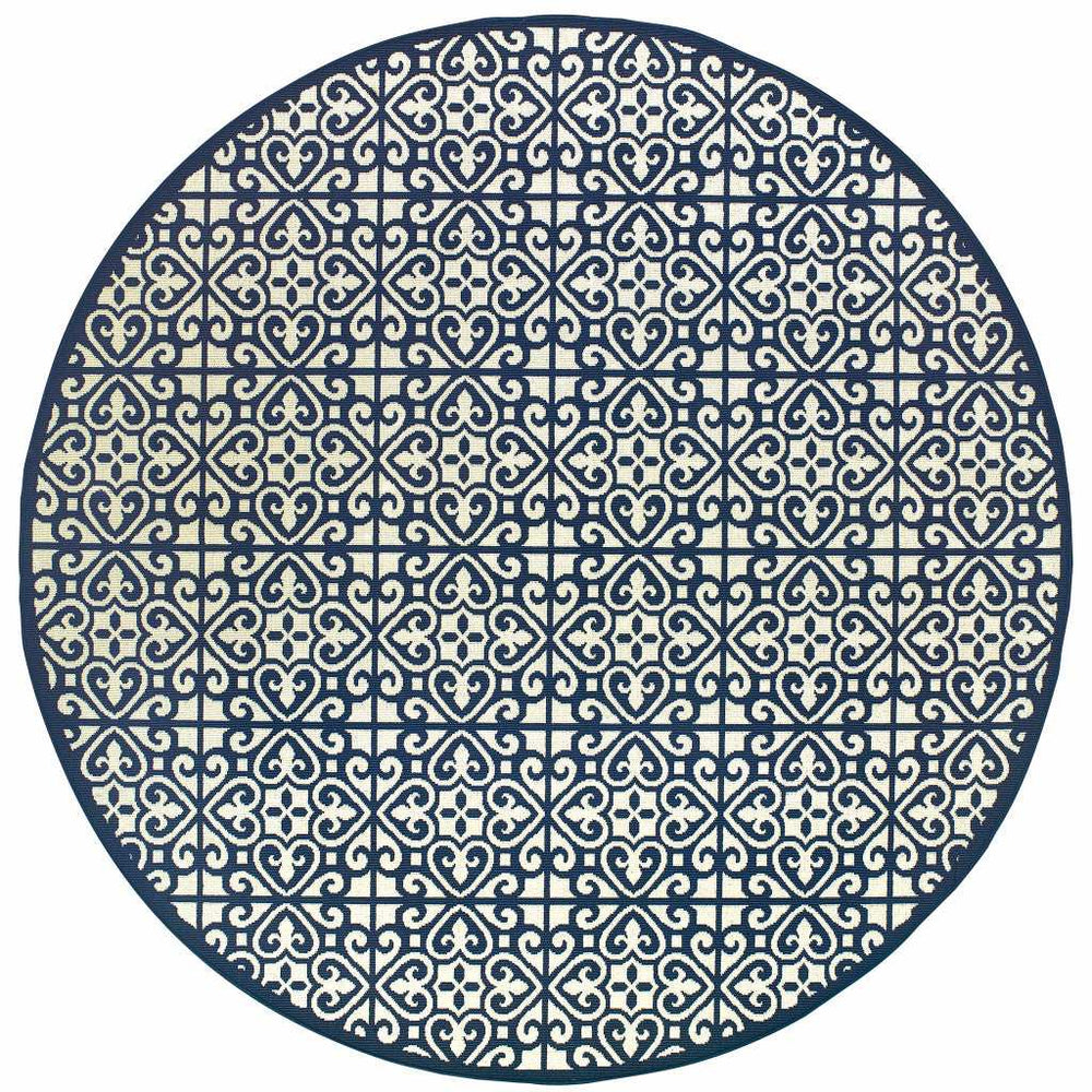 8' X 8' Ivory and Blue Round Geometric Stain Resistant Indoor Outdoor Area Rug - Homeroots - Flyclothing LLC