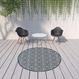 8' X 8' Ivory and Blue Round Geometric Stain Resistant Indoor Outdoor Area Rug - Homeroots - Flyclothing LLC