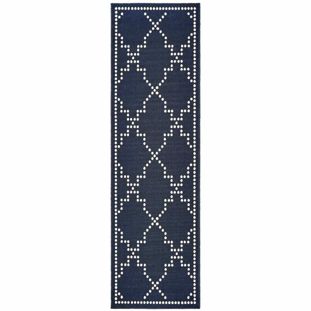 2' X 8' Blue and Ivory Geometric Stain Resistant Indoor Outdoor Area Rug - Homeroots - Flyclothing LLC