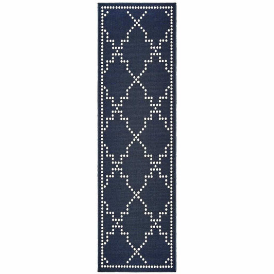 2' X 8' Blue and Ivory Geometric Stain Resistant Indoor Outdoor Area Rug - Homeroots - Flyclothing LLC