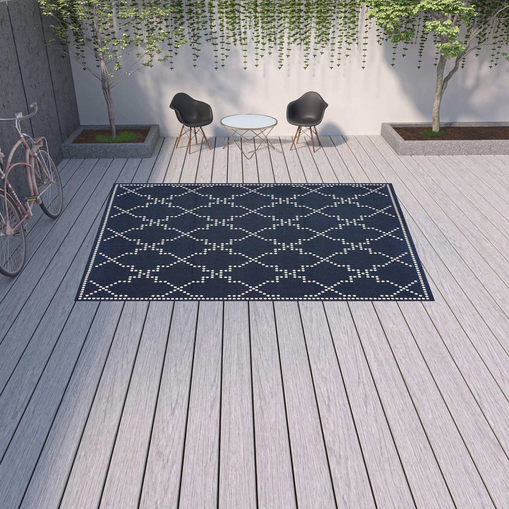 9' X 13' Blue and Ivory Geometric Stain Resistant Indoor Outdoor Area Rug - Homeroots - Flyclothing LLC