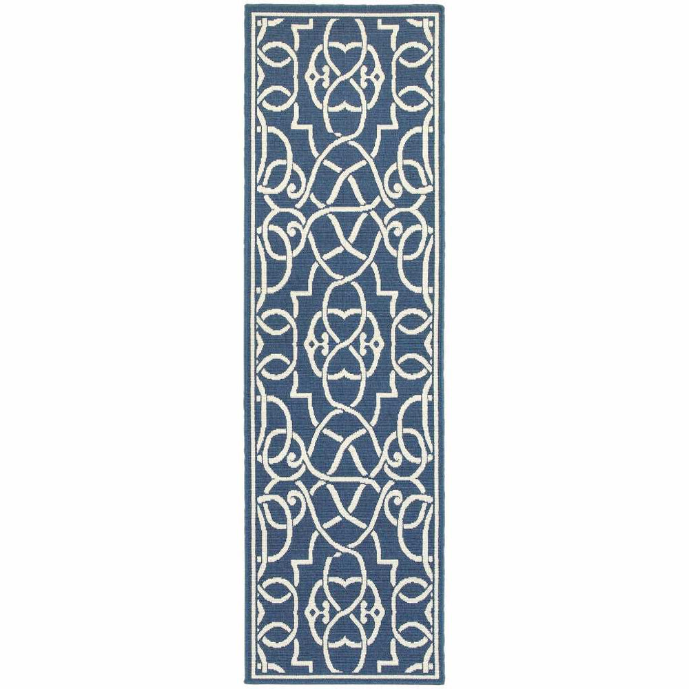 2' X 8' Blue and Ivory Geometric Stain Resistant Indoor Outdoor Area Rug - Homeroots - Flyclothing LLC