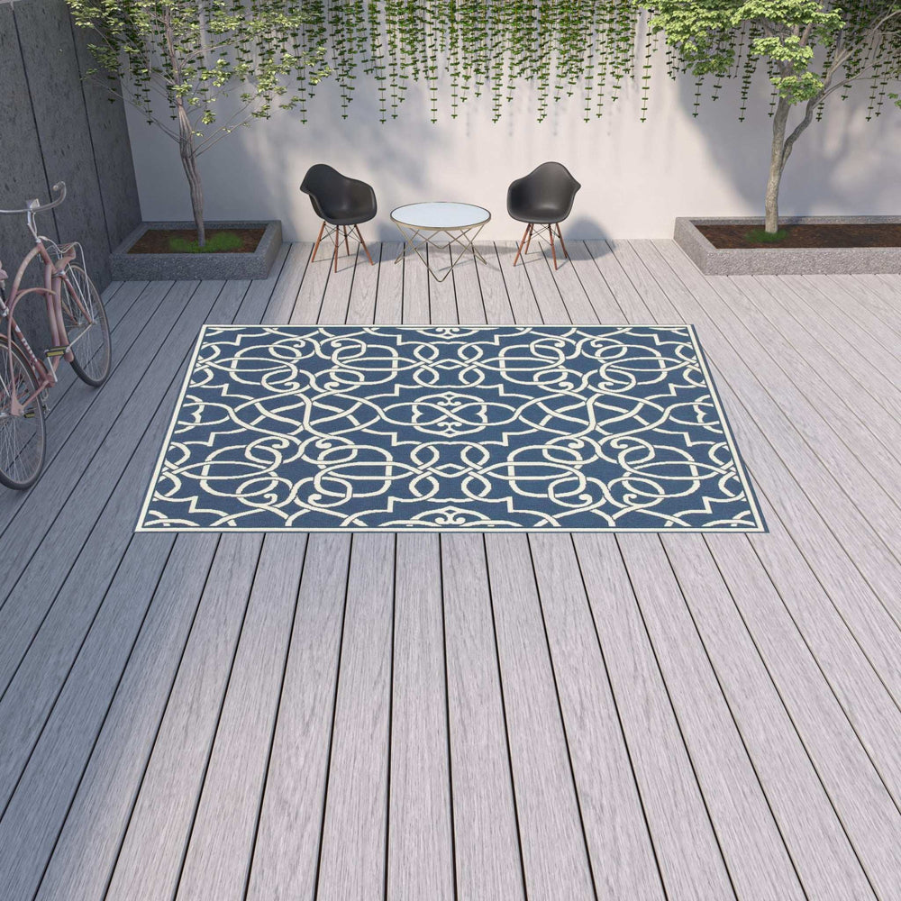 9' X 13' Blue and Ivory Geometric Stain Resistant Indoor Outdoor Area Rug - Homeroots - Flyclothing LLC