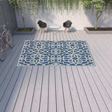 9' X 13' Blue and Ivory Geometric Stain Resistant Indoor Outdoor Area Rug - Homeroots - Flyclothing LLC
