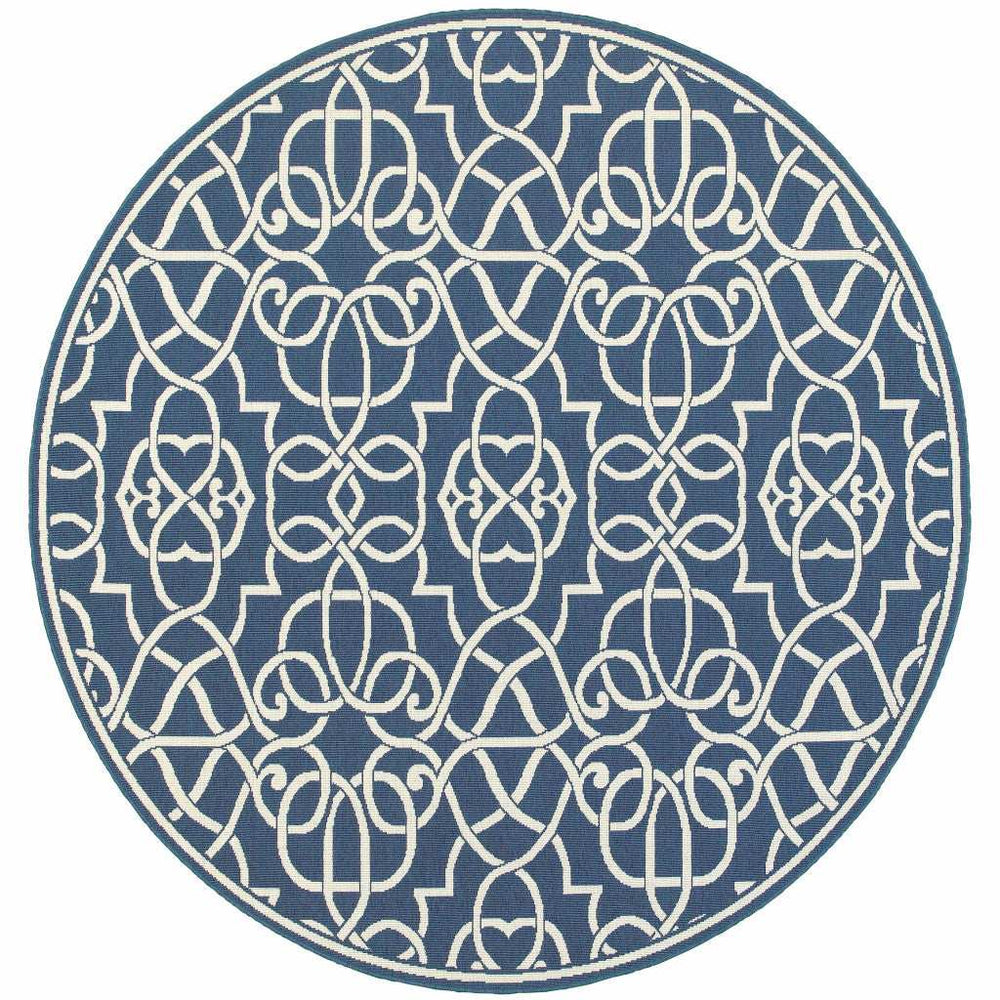 8' X 8' Blue and Ivory Round Geometric Stain Resistant Indoor Outdoor Area Rug - Homeroots - Flyclothing LLC